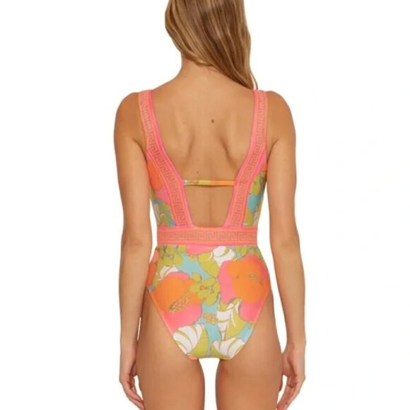 Trina Turk Playa De Flor One Piece Plunge Swimsuit 14 Floral Cut Out - Picture 2 of 6